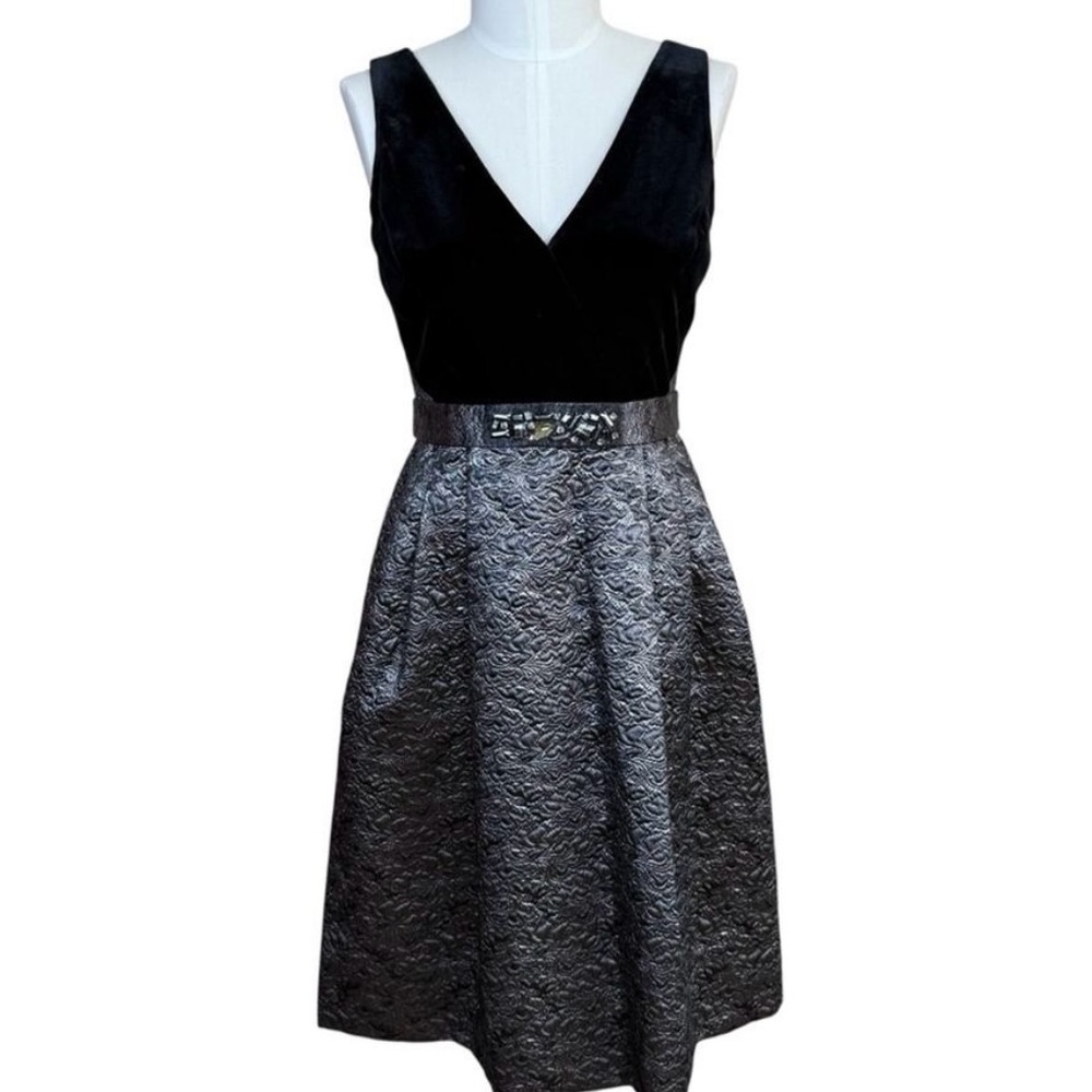 Black Velvet and Gray Textured Midi Dress